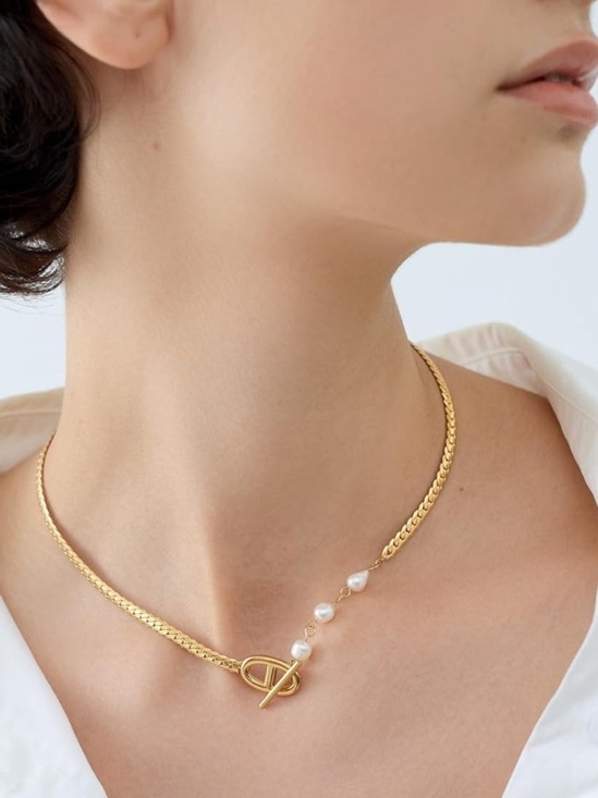 Spectrum Designz Jewelry - Minimalist Gold Pearl Chain Choker Necklace | Elegant Quiet Luxury Necklace